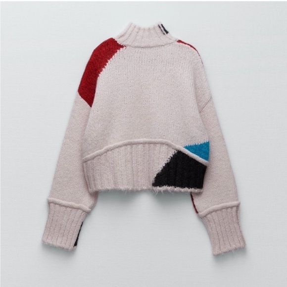 Zara Boxy Cropped Colorblock Chunky Knit Wool Blend Sweater Size Medium western - Picture 2 of 15